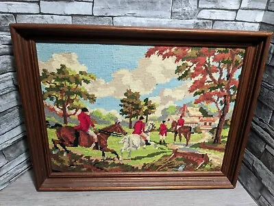 Vintage 19.5  X 14.5  English Fox Hunting Scene Needlepoint Tapestry Framed Art • $62.95