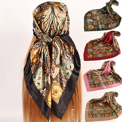 90X90cm Lady Floral Satin Square Vintage Bandana Shawl Head Hair Neck Scarf AUS • $18.59