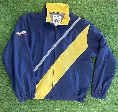 Vintage Nautica Competition Jacket Windbreaker Blue Yellow Striped Reflective XL • $34.99