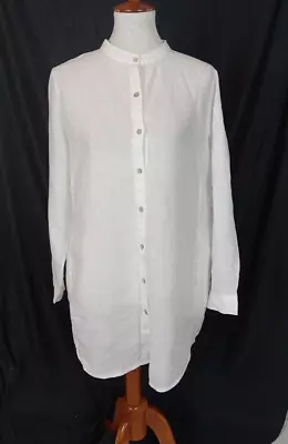 Eileen Fisher White Linen Mandarin Collar Long Shirt Sz M Luxury Minimalist • $35