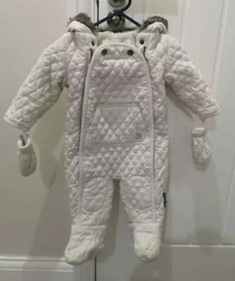 Baby K By Myleeneklass White Snowsuit Pramsuit With Hood And Mittens 6-9 Months • £10
