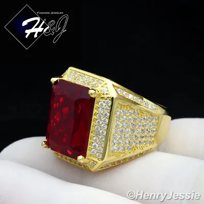 Men 925 Sterling Silver Icy Cz Gold Plated Rectangle Simulated Ruby Ring*gr48 • £48.25