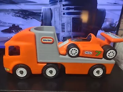 Vintage 23  Little Tikes ORANGE Flat Bed Semi Truck Race Team Hauler & Race Car • $20