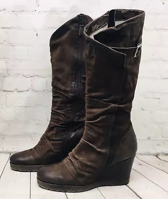 Miz Mooz Nifty Brown Leather Zip Up Buckle Wedge Tall Boots Women's EU 42/US 10 • $59.99