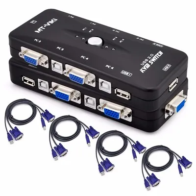 USB 4 Port Monitor VGA SVGA KVM Switch Box + 4 Cables For PC Keyboard Mouse Kit • $32.99