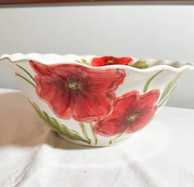 Hand Painted Maxcera  Watercolor Cream Poppy  Large Scalloped Serving Bowl 12  • $68