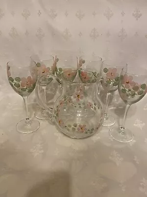 Hand-painted Wine Glass Goblet Set Of 6 Glasses & Pitcher Hand Painted Floral • £39.99