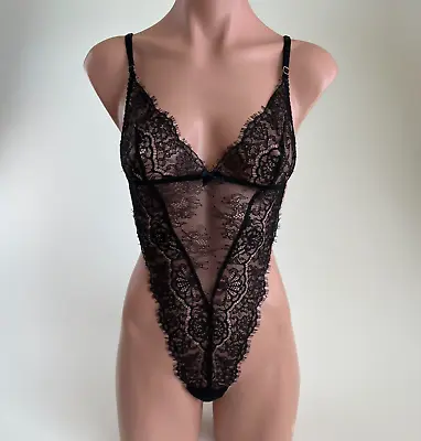 Victoria’s Secret Lace Lingerie Teddy Unlined One Piece Bodysuit  Black L  NWT • $34.99