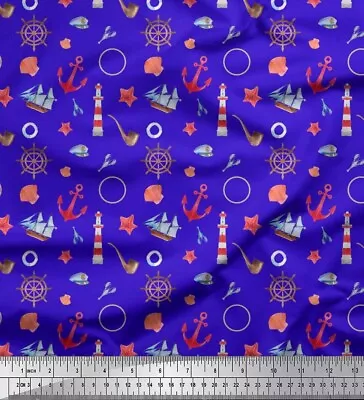 Soimoi Blue Cotton Poplin Fabric Ship WheelAnchor Hook & Yacht-hz4 • $9.64