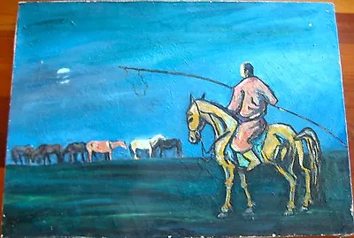 Original Mongolian Oil Canvas Painting Bayanzul Goby Desert Herdsman 2004 Night  • $149.50