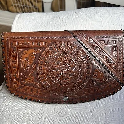 Vtg Aztec Hand Tooled Large Leather Purse Mexico Mayan Calendar Satchel 10   #3C • $64.99