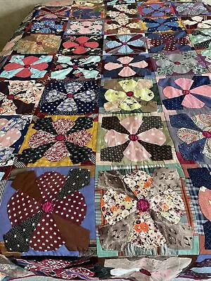 Vintage Silk Satin? Flowers Hand Appliqued Hand Quilted Quilt ~ VERY UNIQUE!!! • $249