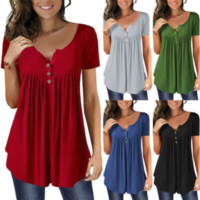 £3.70 • Buy Womens Short Sleeve Plain Tunic Tops Casual Butons Swing T-shirt Blouse Shirts