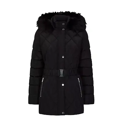 £29.99 • Buy Ex Brand  Womens Padded Long Jacket Quilted Belted Faux Fur Hooded Ladies Coat 