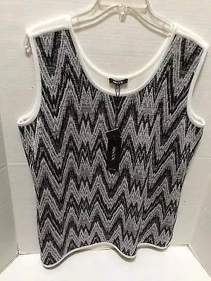 Misook White Black Metallic Chevron Print Scoop Neckline Sleeveless Knit Tank XL • $85