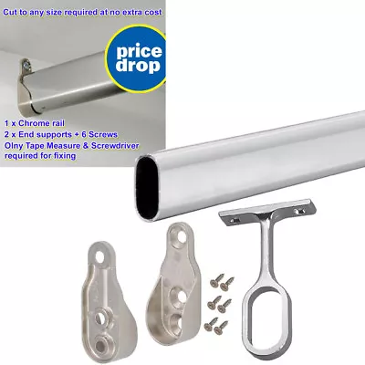 Wardrobe Rail Chrome Hanging Oval Rail All Sizes + Free End Supports & Screw • £3.40