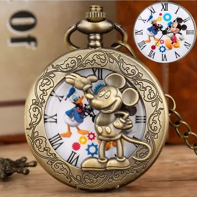 Disney Mickey Mouse Pocket Watch Mickey/Donald Dancing Dial & Bronze Mickey Case • $23.95