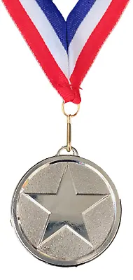 Personalised Large Shiney Star Silver Medal & Ribbon ENGRAVED FREE (G) • £5.99