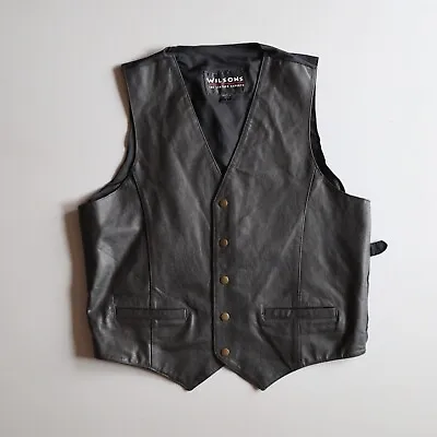 Wilsons Leather Mens Large Black Leather Snap Suit Vest Lined Motorcycle Cowboy • $60