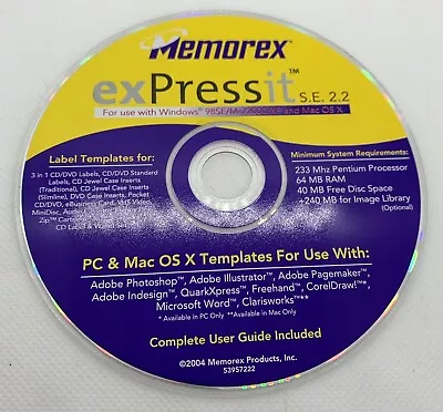 Memorex CD & DVD Label Maker Expressit S.E. 2.2 Disc Software PC Mac Templates • $14.99