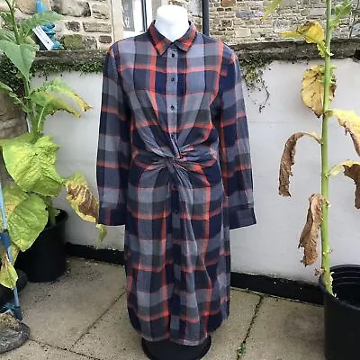 HUSH Plaid Check Twist Shirt Dress Size 8 Midi 100% Cotton Navy Grey Orange • £16