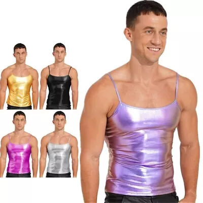 UK Men Shiny Metallic Vest Spaghetti Straps Patent Leather Camisole Top Clubwear • £8.99