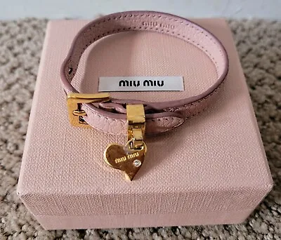 Auth Miu Miu Heart Charm Design Leather Bracelet Box Preowned Pink • $145