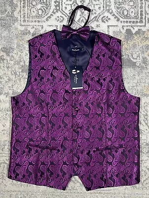 SuiSional Men's Violet Paisley 5 Button Down Vest Size L W/ Bow Tie • $59.99