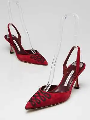 Manolo Blahnik Red Suede Constrast Loop Slingback Pumps Size 8/38.5 • $275