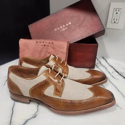 Mezlan Teseo Hand Burnished Italian Calfskin Wingtip In Honey & Bone Men's 10.5M • $199.99