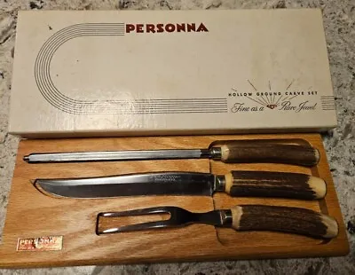 Vintage Personna Meat Carving Set Hollow Ground Antler Stainless Steel With Box • $14.55