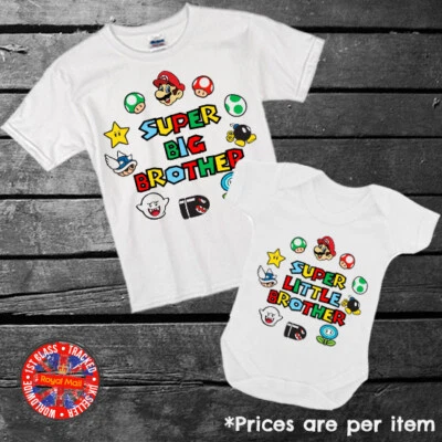 £9.99 • Buy Super Mario Brother Sister Big Middle Little Matching T-shirt Bodysuit Gift