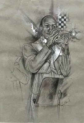 Vintage Signed ORIGINAL MIXED MEDIA DRAWING OF A JAZZ TRUMPETER • $149.99