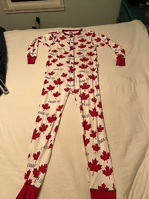 LAZY ONE Long White Cotton Union Suit Long Pajamas Maple Leaf Men's L • $12.99