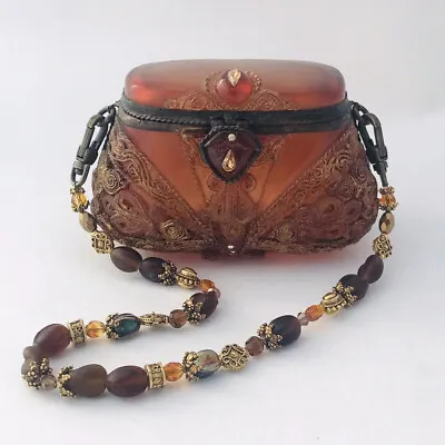 Stunning Maya Evangelista BROWN RESIN Handbag Purse W/ Beaded Strap Shoulder Bag • $79