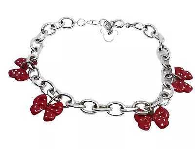 Disney Minnie Mouse Silver Braclet 4 Dangling Red Bows White Poke A Dots Charms • $16.10