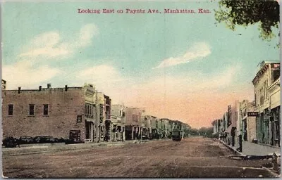 1910s Manhattan Kansas Postcard  Looking East On Payntz Ave.  Downtown Scene • $4.80