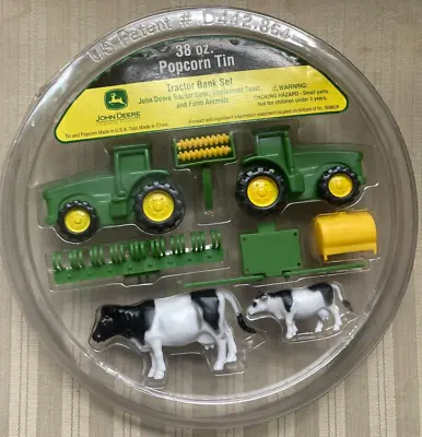 John Deere Popcorn Tin Tractor Bank Set With Implement Tools & Cow Farm Animals • $7.50