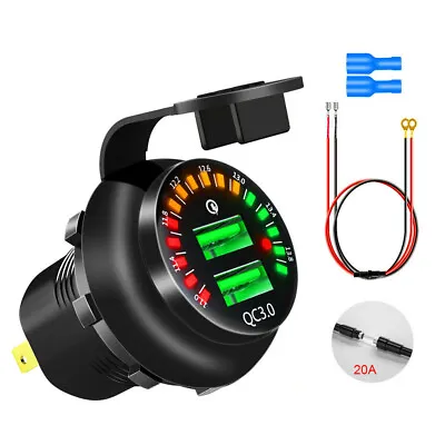 Motorcycle Dual USB Charger QC3.0 Socket Adapter Power Outlet With LED Voltmeter • £16.76