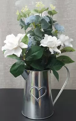 Artificial Flowers In Tin Jug Vase Artificial White Roses Pitcher 40cm/16  Tall • £14.99