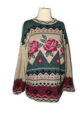 Vintage PRIVATE EYES USA Made Roses FAIR ISLE Sweater Knit Pink Beige Sz Medium  • $24.99