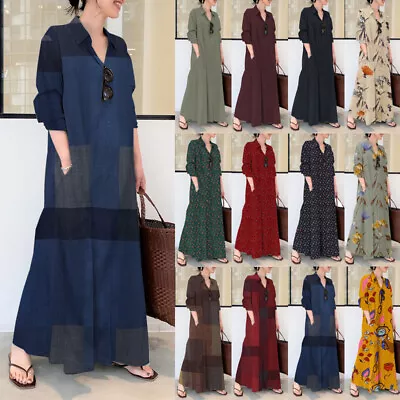 UK Stock Women Front Buttons Full Sleeve Long Maxi Dress Baggy Kaftan Plus  • £13.62