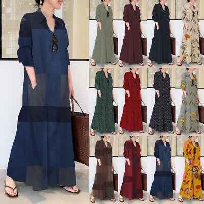 £15.99 • Buy UK Stock Women Front Buttons Full Sleeve Long Maxi Dress Baggy Kaftan Plus 8-24