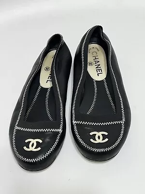 Vtg Chanel Black Cc Logo Flat Shoes 37 • $345