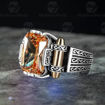 925 Sterling Silver Octagon Orange Citrine Stone Turkish Men's Ring • $59.90