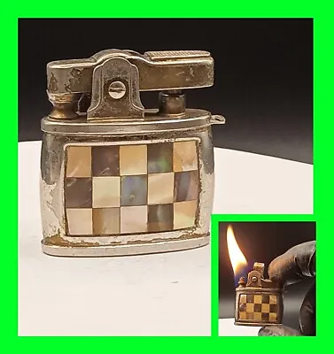 Unique Vintage Silver Plated Checkerboard Mother Of Pearl Petrol Lighter Working • $49.99