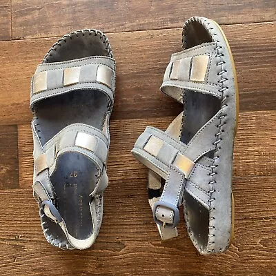 La Plume Leather Mohican Sandals Size 37 Eur Adjustable Strap Blue Silver Italy • $27.50