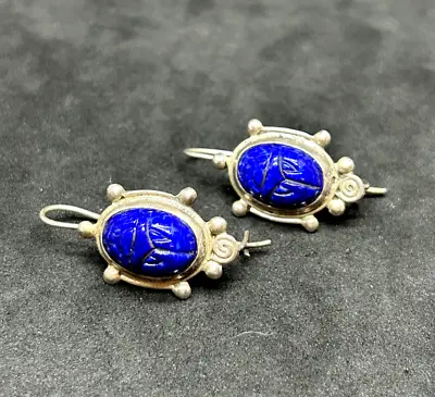 925 Sterling Vintage Blue Lapis Carved Scarab Dangle Earrings 1in - 5.15g • $31.49