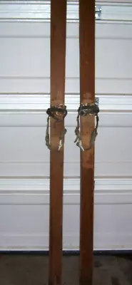 Antique Wooden Snow Skis Vintage Oak Brown Finish 84   W/ Metal Leather Binding • $125.87