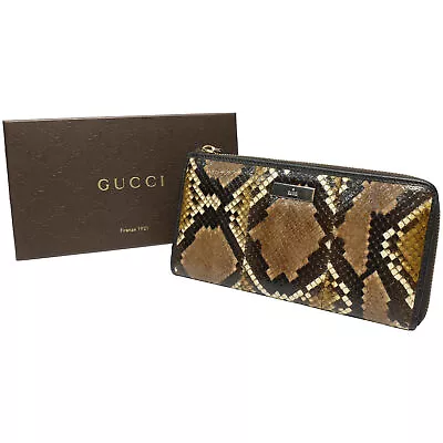 GUCCI Long Wallet Brown Khaki Black L-Shape Zipper Snake Skin Leather Unisex  • $411